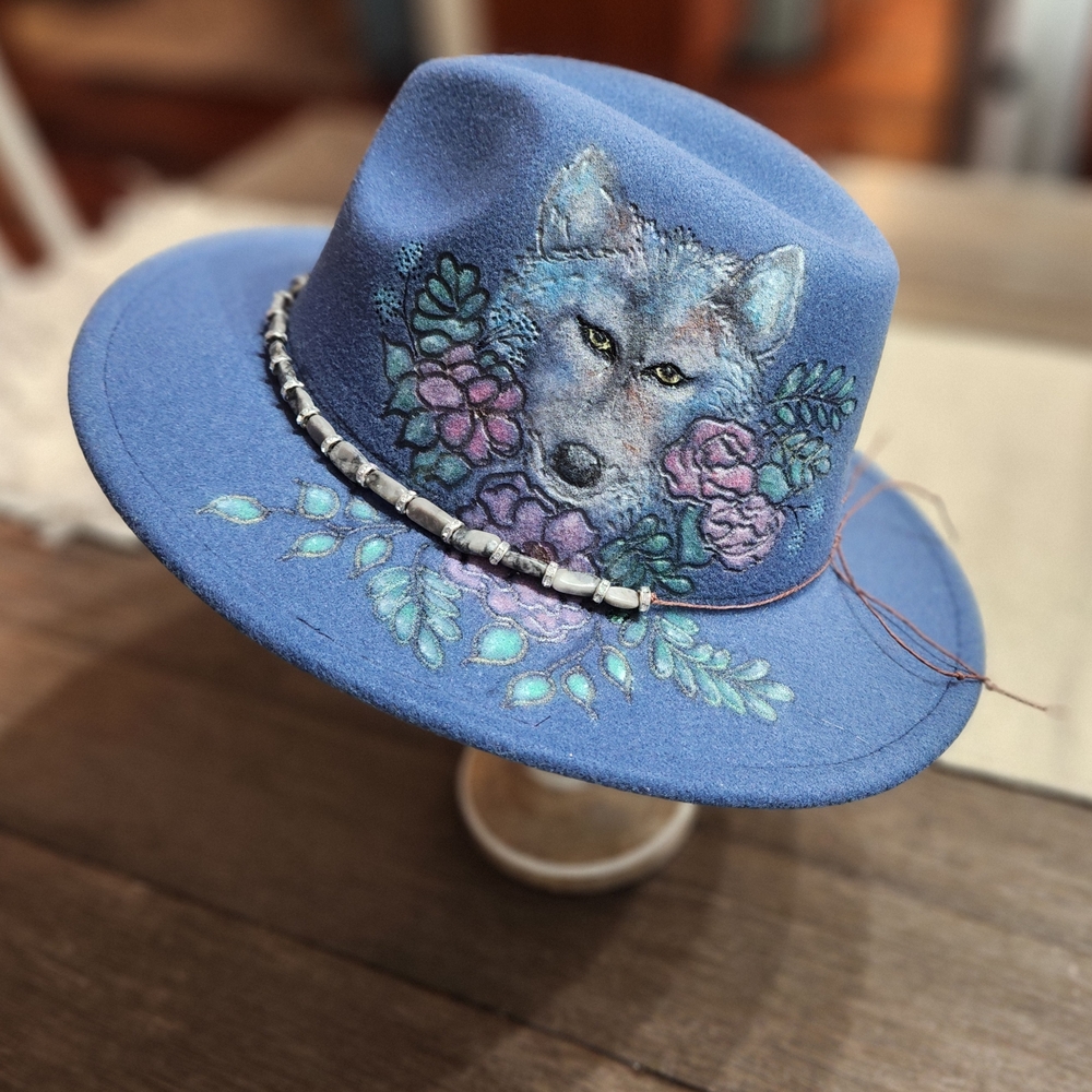 Hand Burned And Colored Blue Hat with Wolf and Floral Design